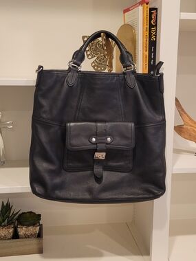 Lauren Ralph Lauren Black Pebbled Leather Tote with Front Pocket